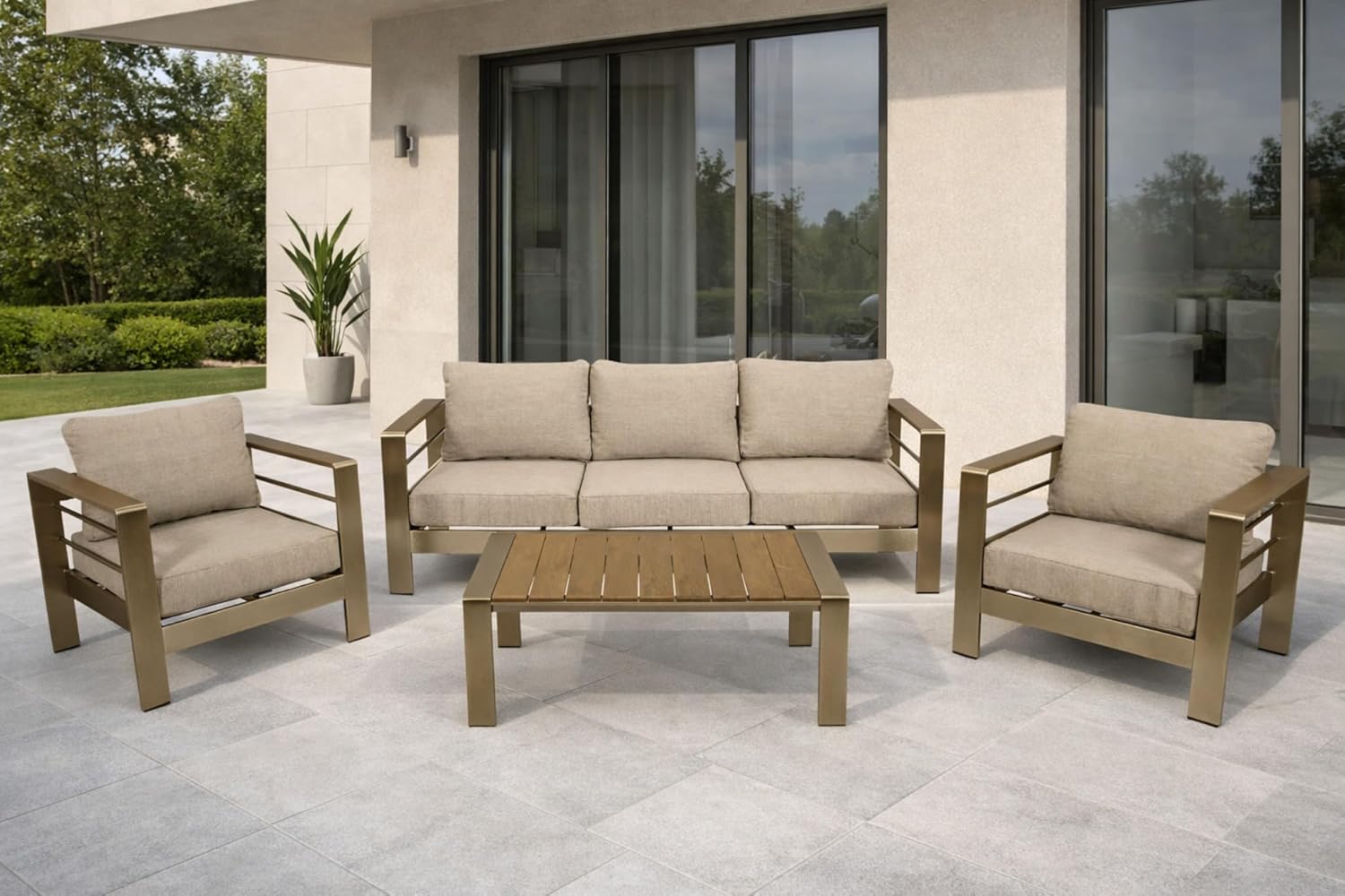 DEGAMO Lounge Set Cannes, Aluminium gebürstet in Edelstahloptik + Kunstholz Natur, Polster hellgrau wasserabweisend, Outdoor