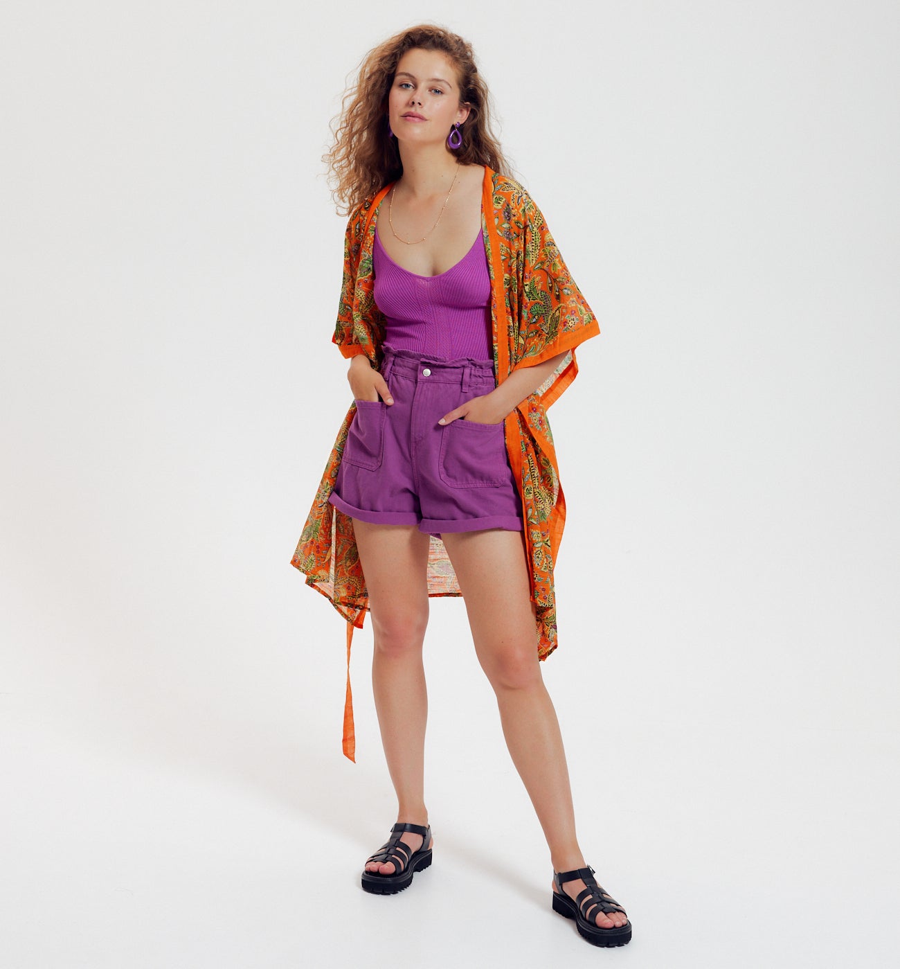 Kimono ceinturé imprimé - Imprimé orange