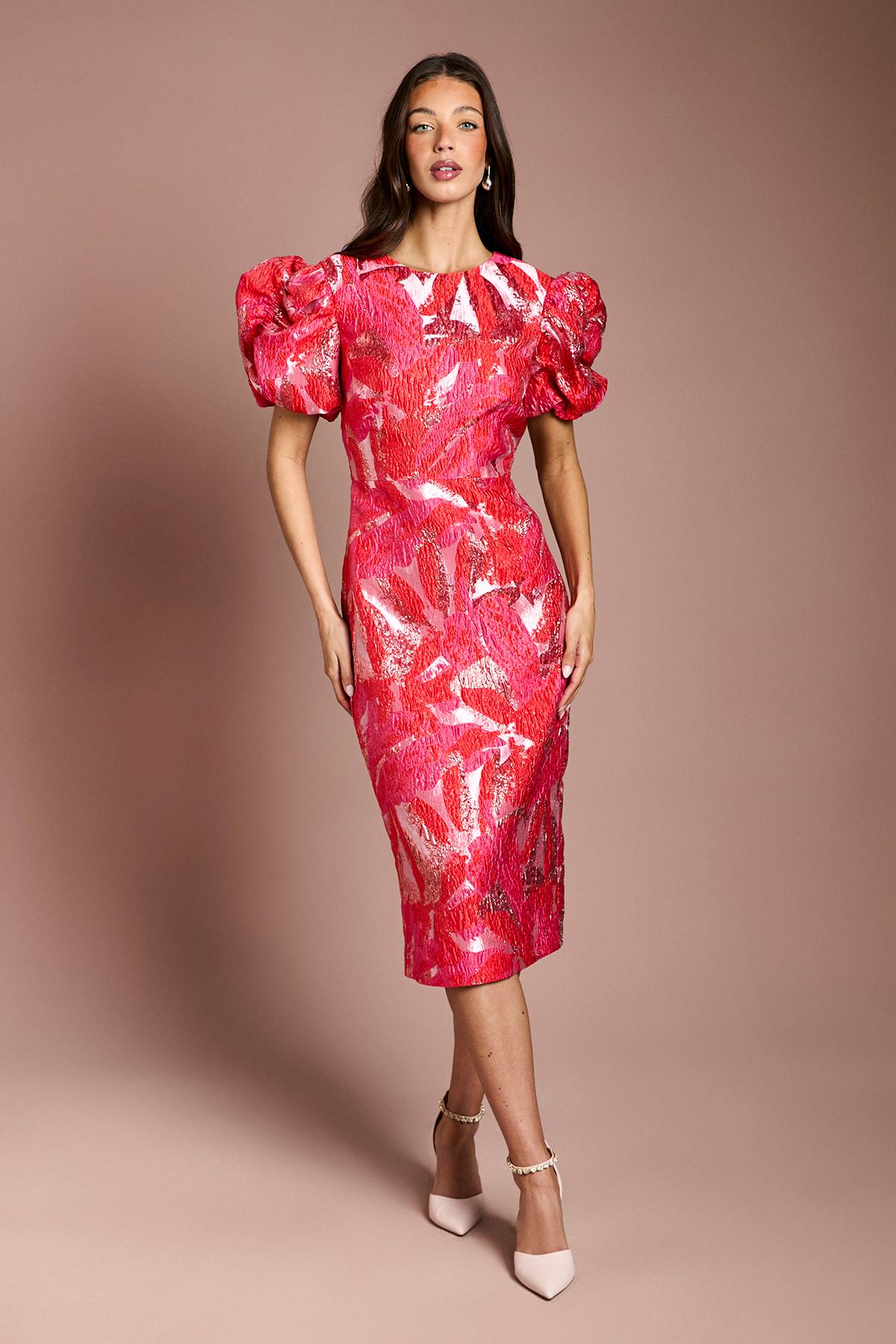 Coast Robe Crayon À Manches Bouffantes En Jacquard Métallisé