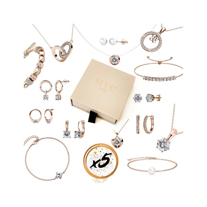5 bijoux surprises en boite cadeau - Or Rose et Cristal