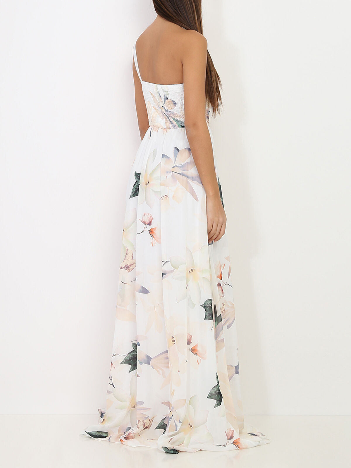 Robe longue asymétrique à fleurs de lys- Blanc