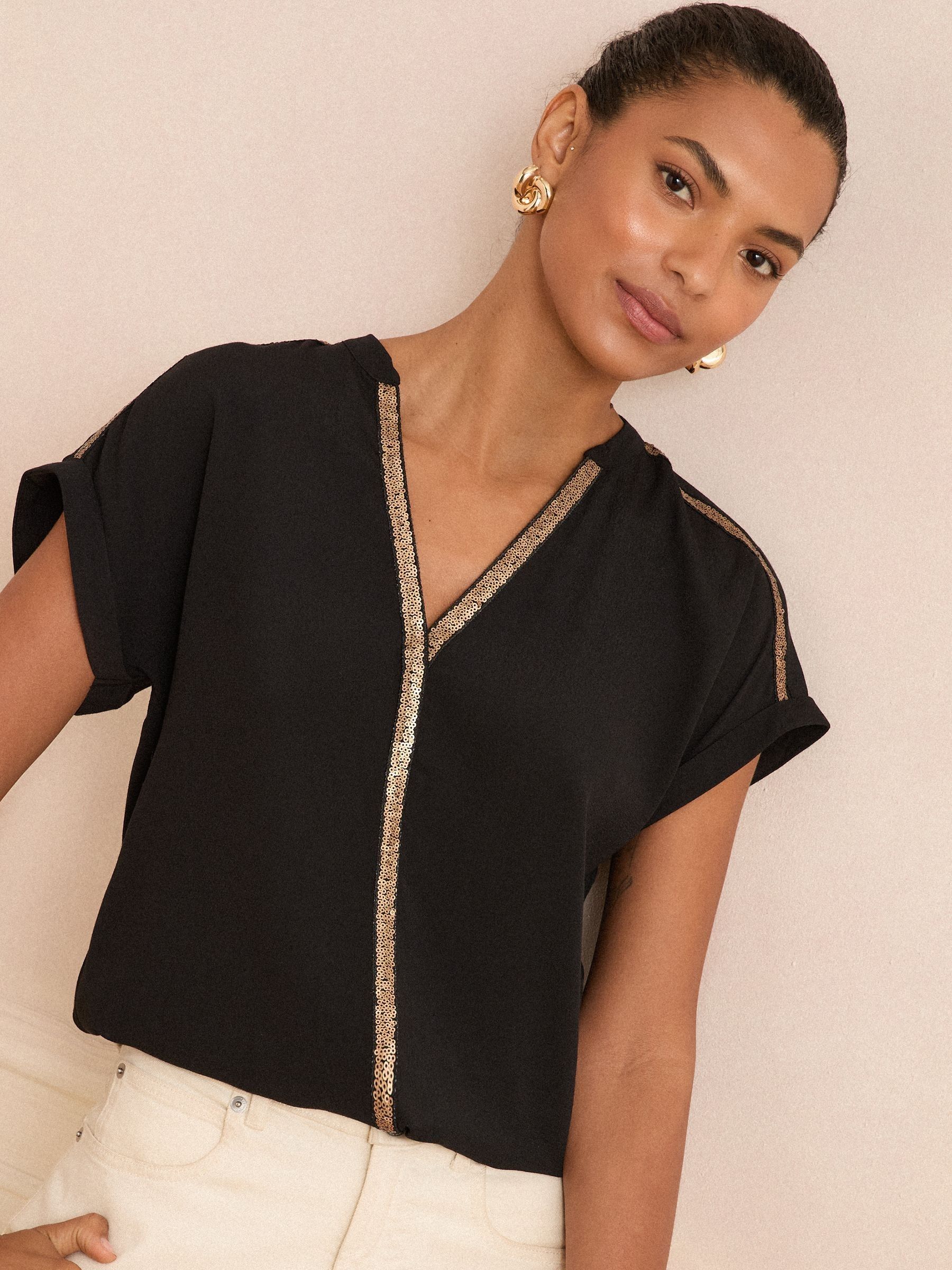 Zwart - Love & Roses Blouse met lovertjes en V-hals