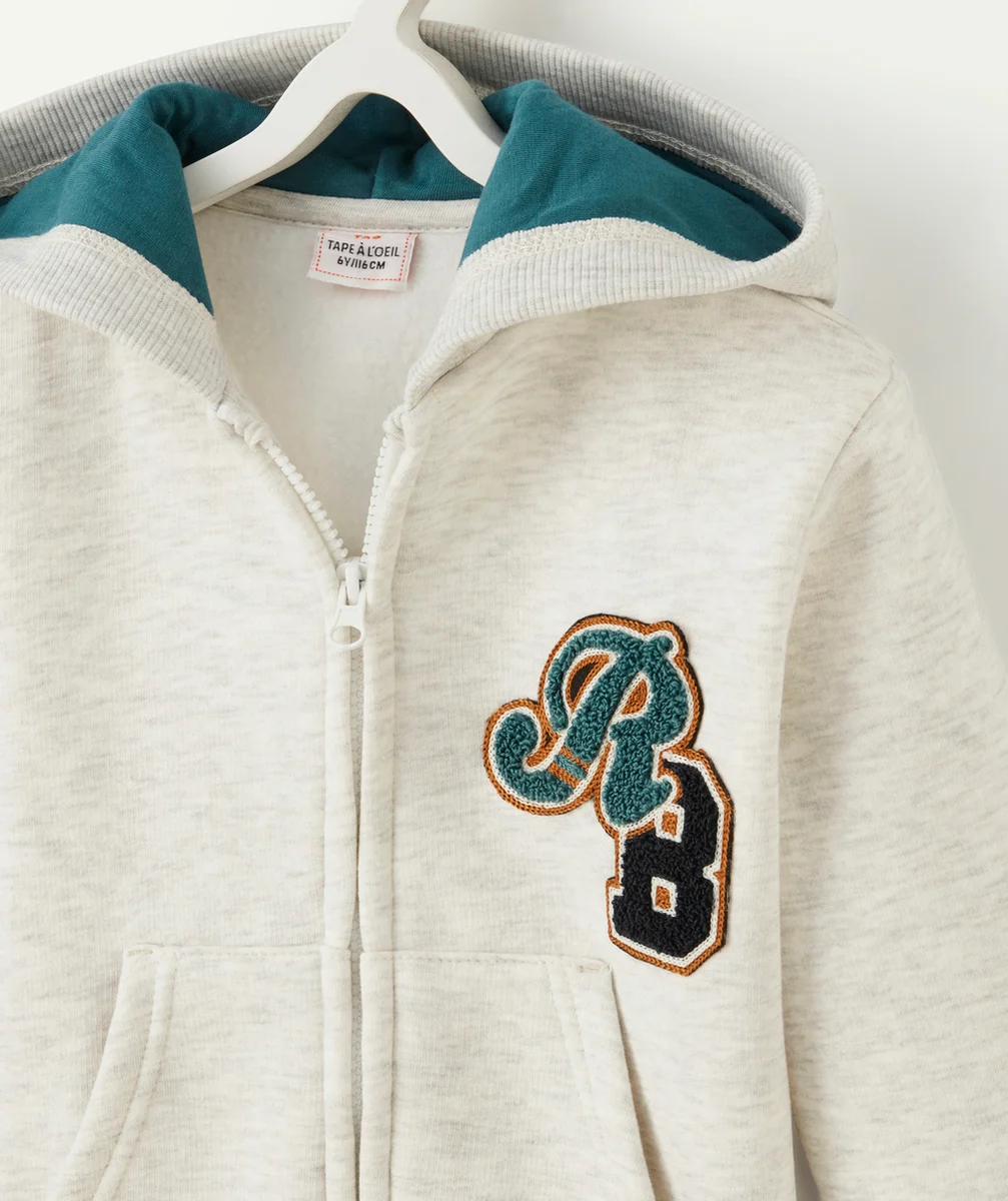 GILET ZIPPÉ GARÇON GRIS CHINÉ AVEC PATCH EN BOUCLETTES