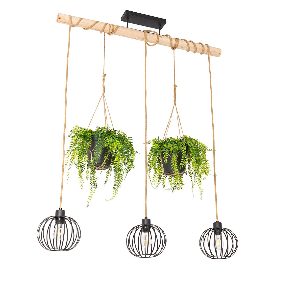 Landelijke hanglamp zwart met hout 3-lichts - Yura