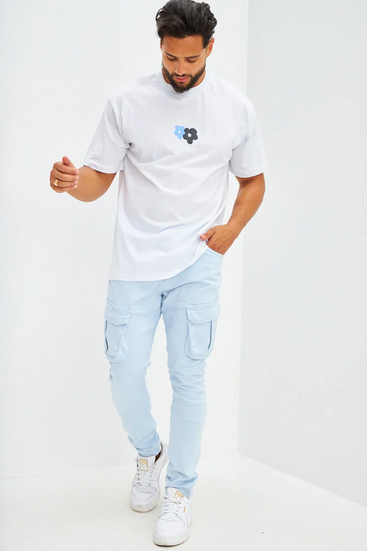 T-shirt floqué fleurs avant et arrière blanc