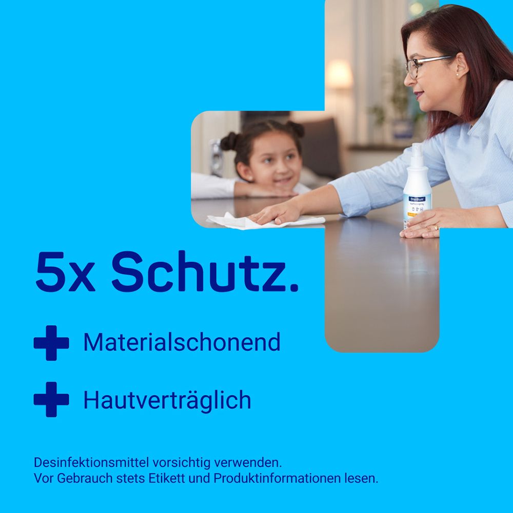 Sterillium surface spray, zur Schnelldesinfektion empfindlicher Oberflächen. Entfernt 99,99% der Bakterien, sowie z.B. Rotaviren