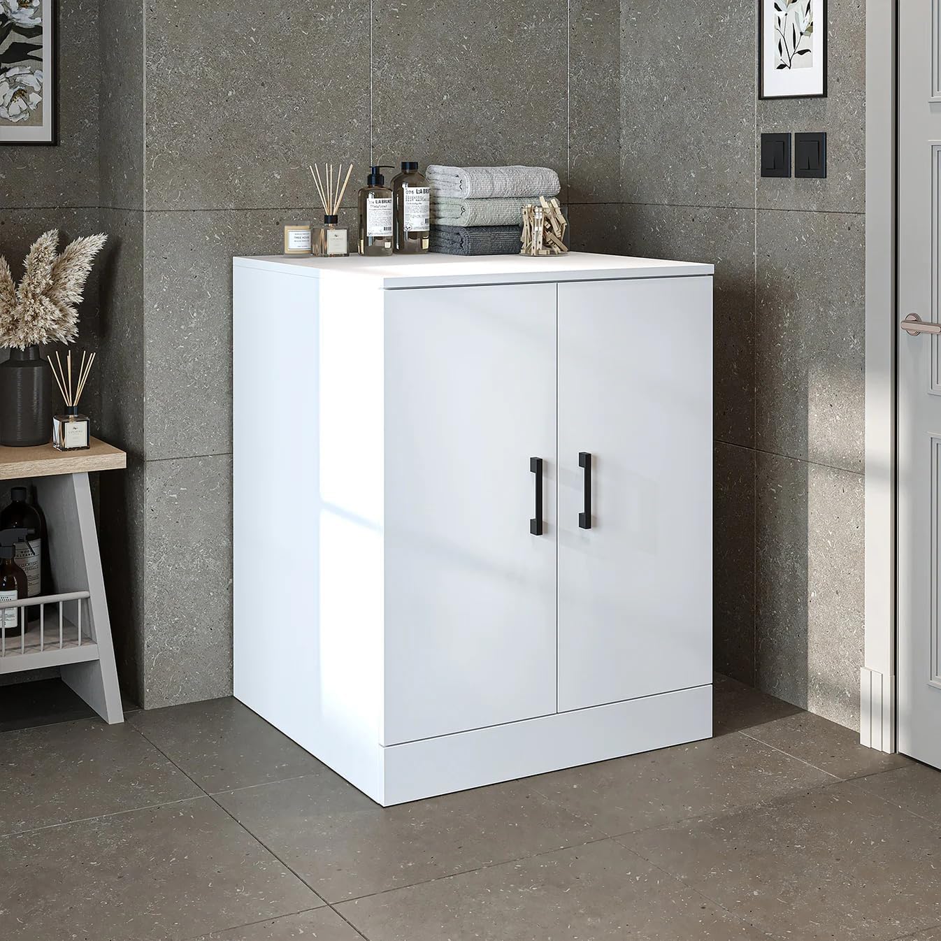 Badezimmer, Waschmaschinenschrank, Waschturm, Waschmachinenregal, Waschmaschinenüberbau - BHT: 70 x 180 x 69 cm (ohne Oberschrank, Weiß)
