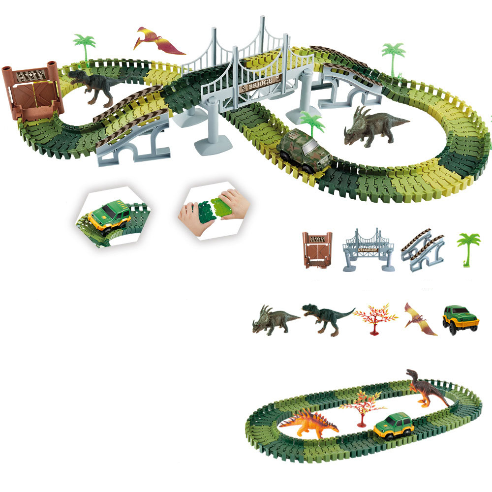 (23-tlg. Set) Flexible Auto Rennbahn Dinosaurier Rennstrecke Spielzeug Dino Park - Grün