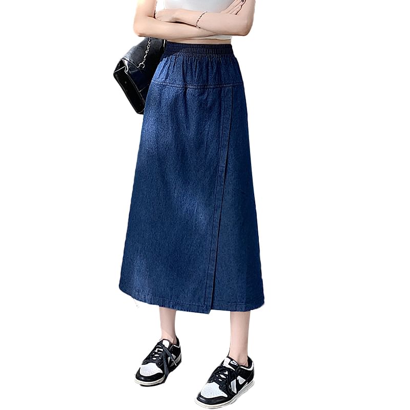 Taragon - Asymmetrische denim capribroek met elastische taille en split