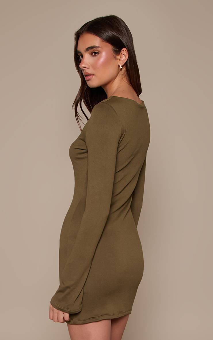 Dark Khaki Robe Moulante À Manches Longues En Jersey Doux Au Toucher