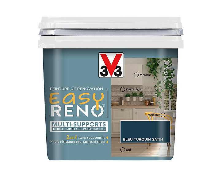 Peinture de rénovation multi-supports V33 Easy Reno bleu turquin satin 0,75L