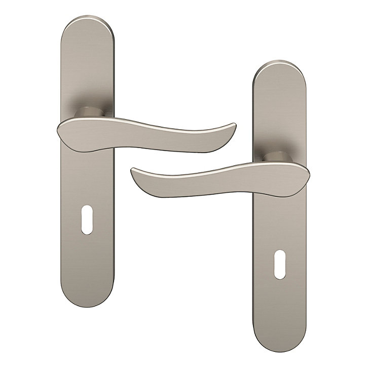 Ensemble poignée sur plaque rond serrure GoodHome Armel effet nickel satin gris L.130mm x l.42mm entraxe 165-195mm