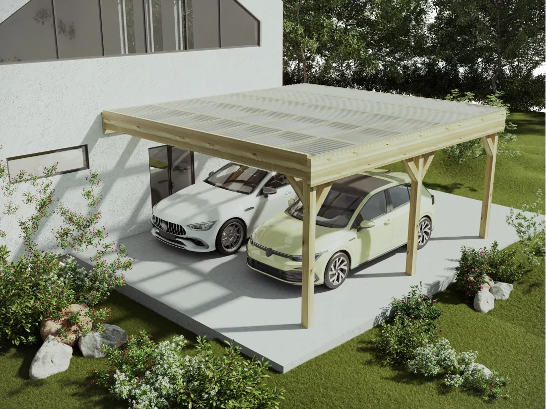 Carport pergola double adossé en bois traité - avec toit en PVC - 2 voitures - 29,3 m² - ARTEMIDA de Expertland