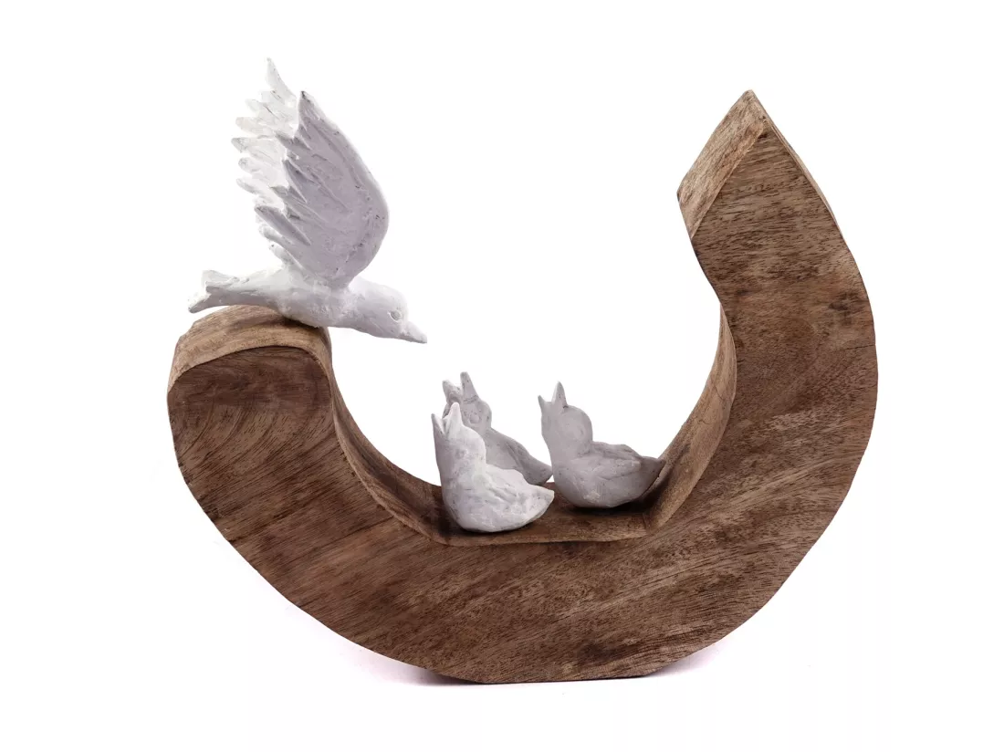 SCULPTURE Famille des oiseaux Socle en bois de mangue blanc-nature