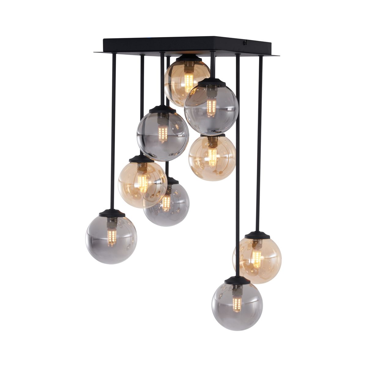 Moderne plafondlamp zwart met amber en smoke glas 9-lichts - Athens