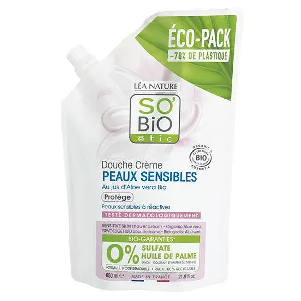 So'Bio Étic Creme de Banho Ecopack para Pele Sensível com Suco de Aloe Vera Orgânico 650ml