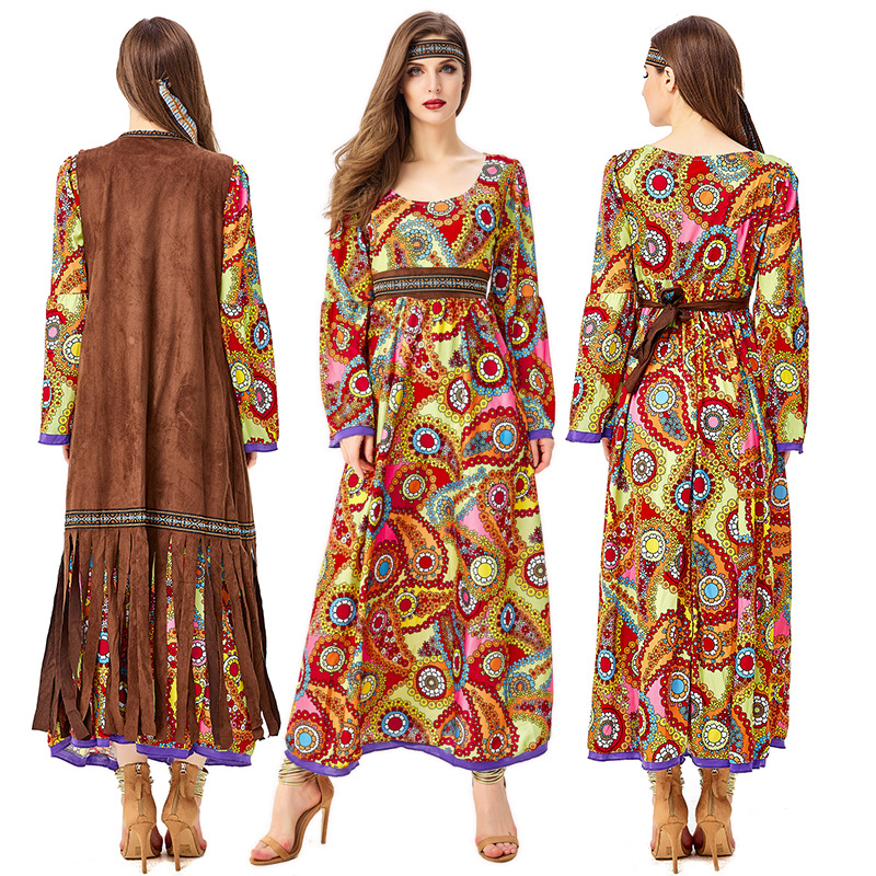 (165-170cm) Fasnachts Erwachsenen Kostüm Retro Hippie Kleid 70er Jahre Verkleidung für Motto Partys / Halloween inkl. Weste / Kopftuch - Bunt