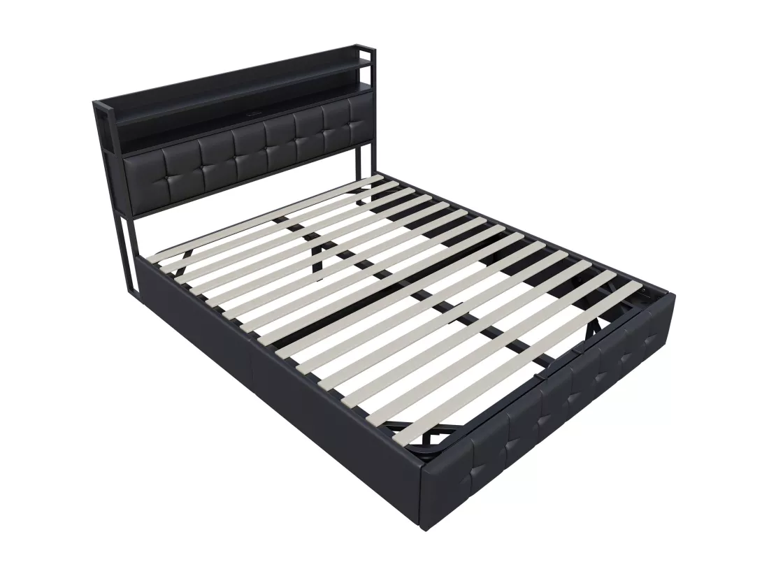 Lit coffre rembourré 160x200cm en tissu de pu - avec LED et port de charge - avec sommier à lattes - Noir