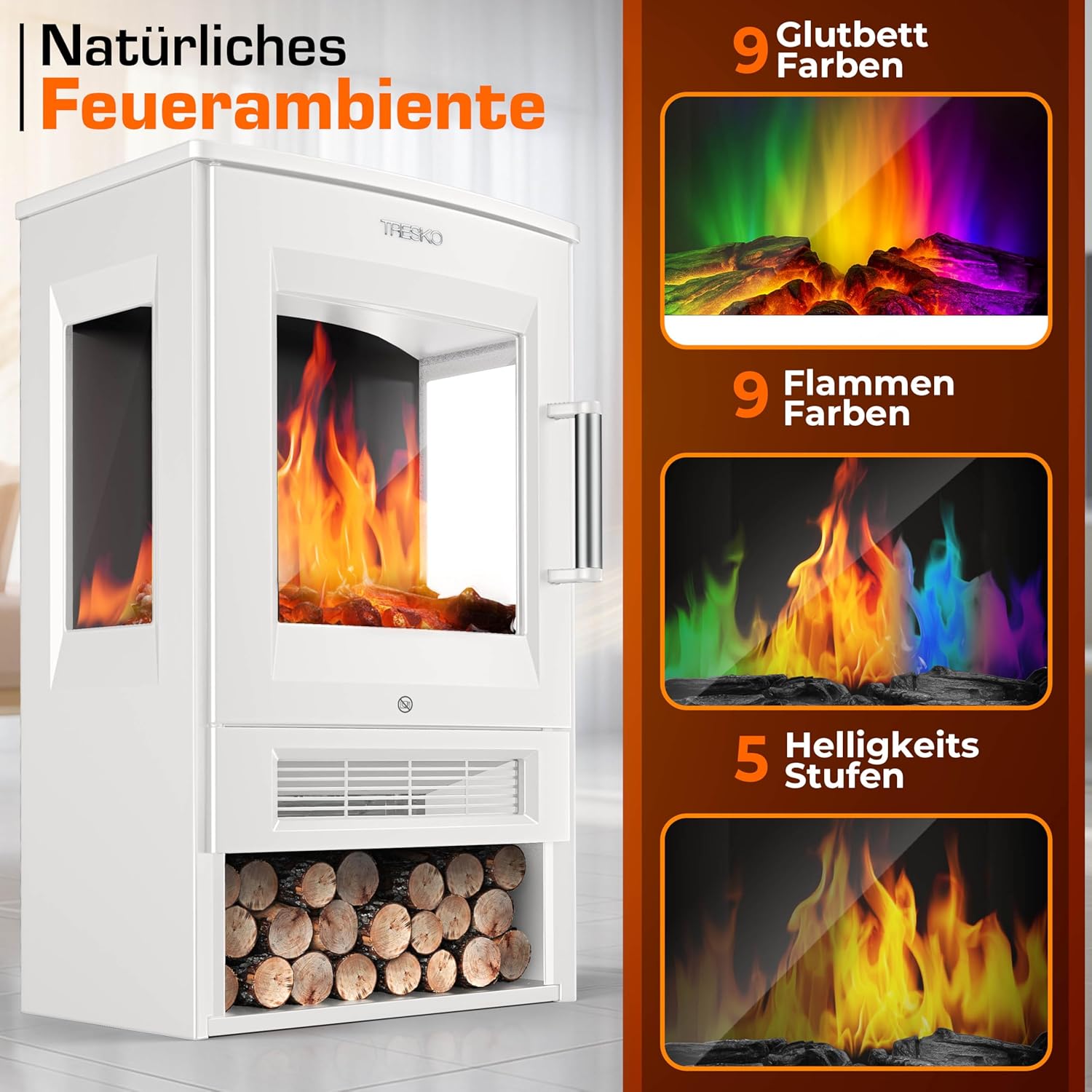 TRESKO® Elektrokamin mit Heizung inkl. Fernbedienung & WiFi App | Kamin elektrisch 1800W LED-Flammeneffekt Farbmodi | Kaminfeuer Thermostat, Timer | Elektro Kaminofen Standkamin 2 Heizstufen (Weiß)
