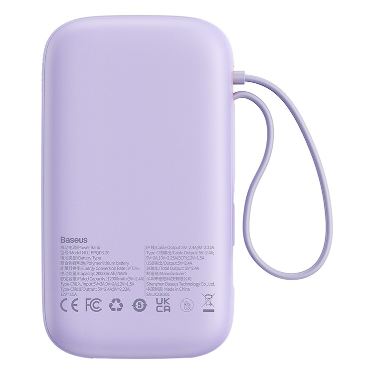 (22.5W) 20000mAh USB A / USB C Powerbank Power Delivery Ladegerät inkl. USB C / Lightning Ladekabel mit LED Anzeige - Lila