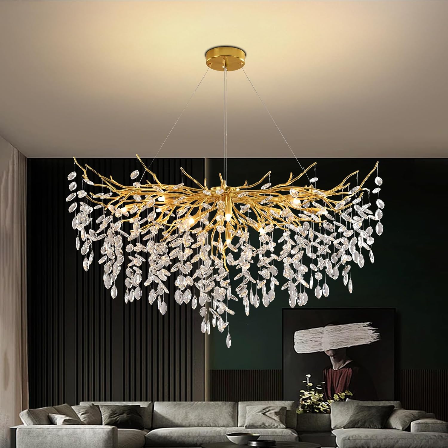 Modern Kronleuchter Kristall Golden, Große Luxus Raindrop Pendelleuchte, Rund Kristall Hängeleuchte Light Fixture, Luxury Tree Branch Kronleuchter für Kücheninsel, Esszimmer, 120cm
