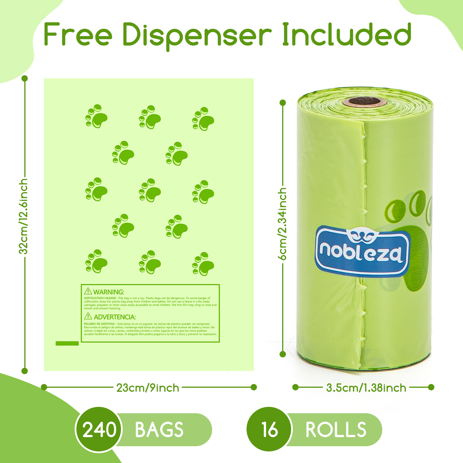 Sacos para Fezes de Cachorro Nobleza, Biodegradáveis, 240 Sacos com Dispensador, Extra Grossos, À Prova de Vazamentos, 16 Rolos