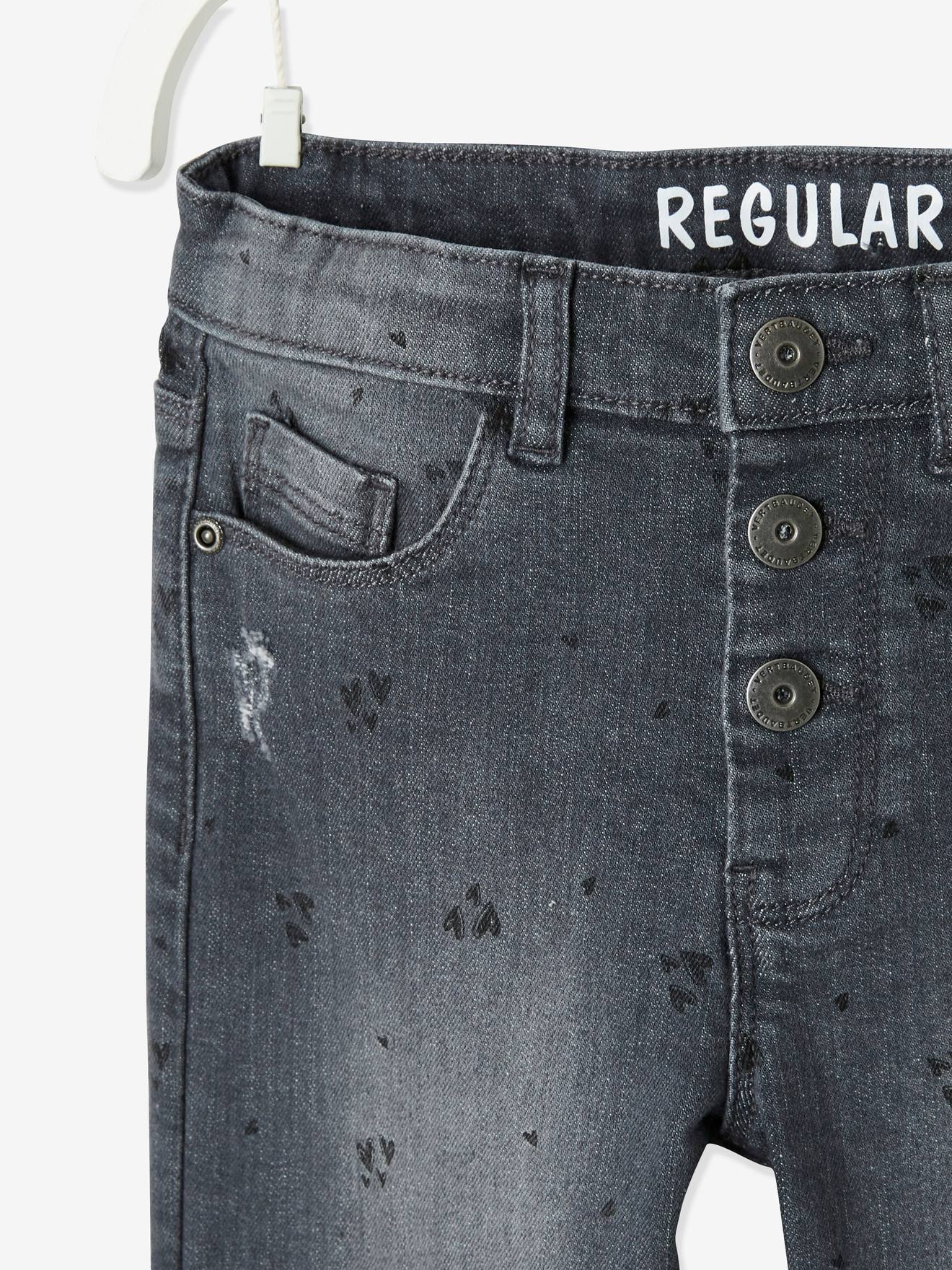 Calça jeans reta com detalhes desgastados, para menina, lavagem azul média