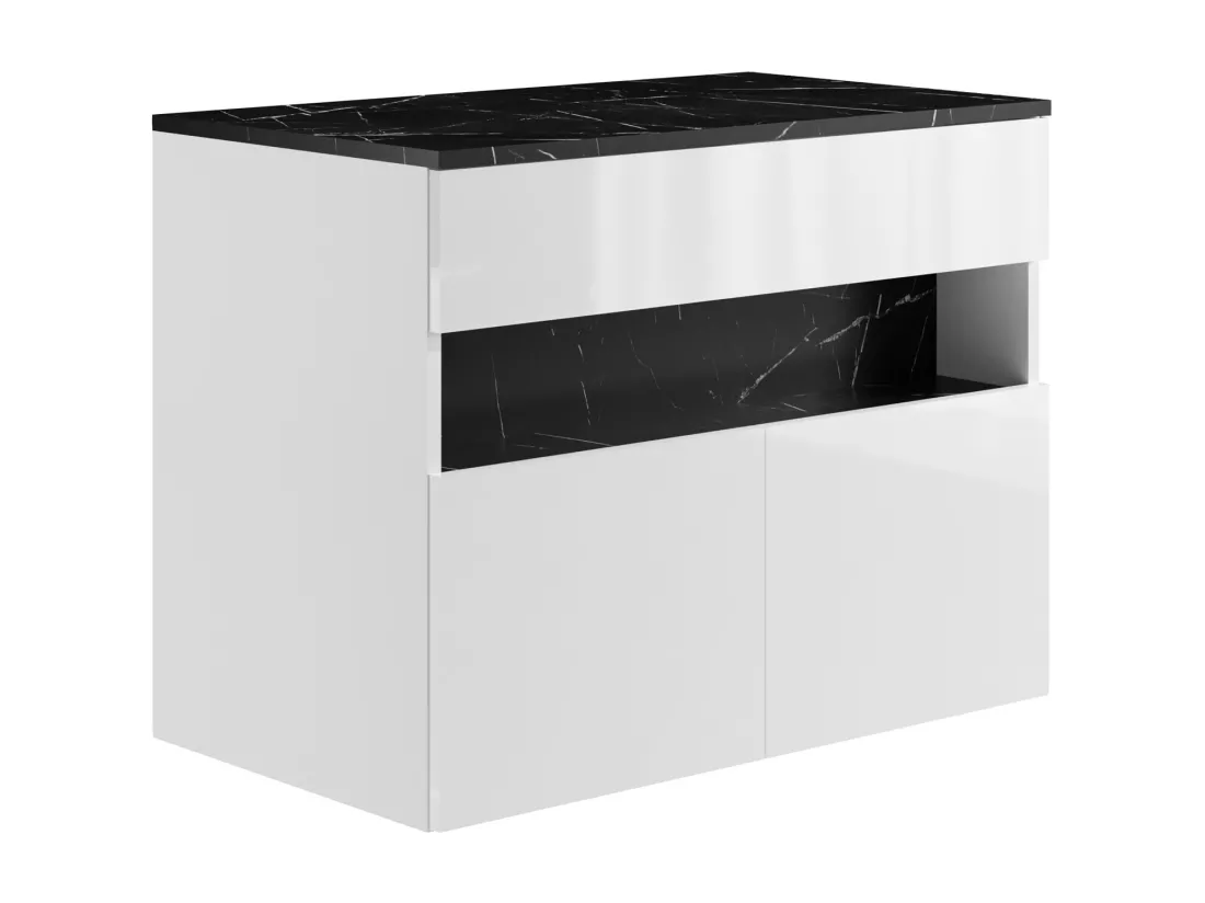 Meuble sous vasque suspendu à LEDs avec planche - Blanc et noir effet marbre - L80 cm - POZEGA