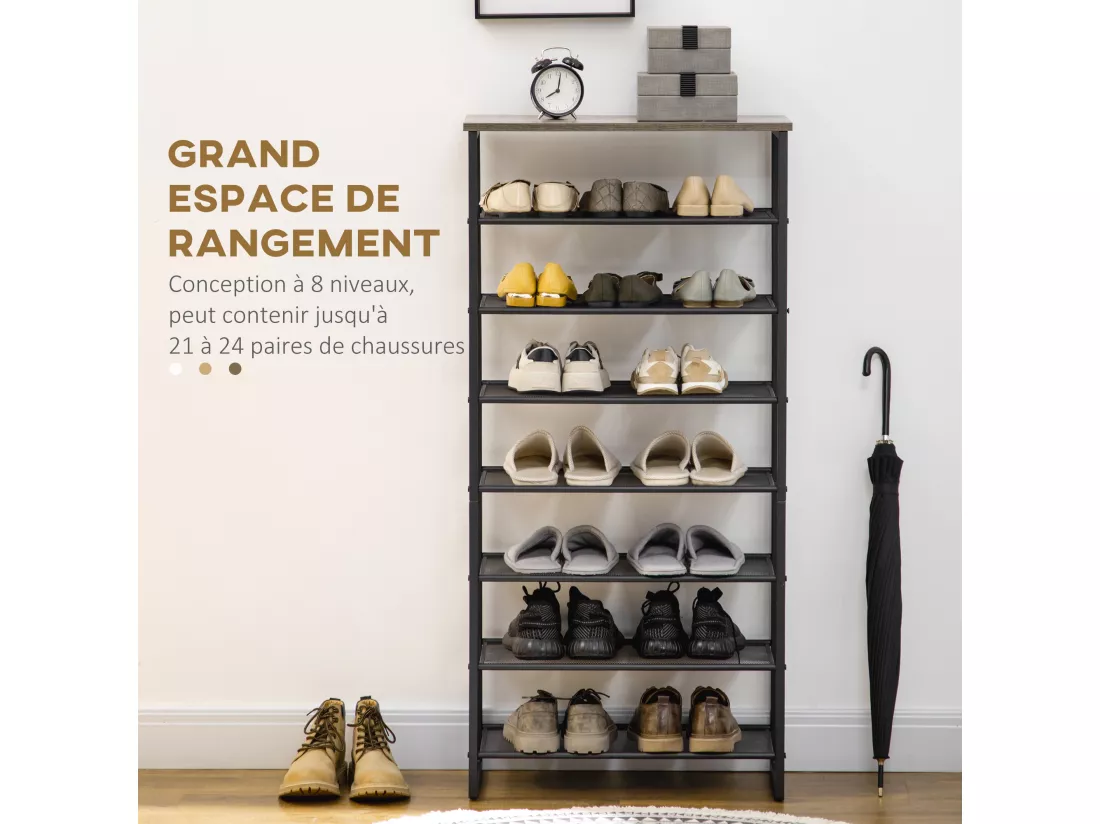 Etagère à chaussures 7 niveaux - rack à chaussures 7 étagères et plateau - acier noir aspect bois gris