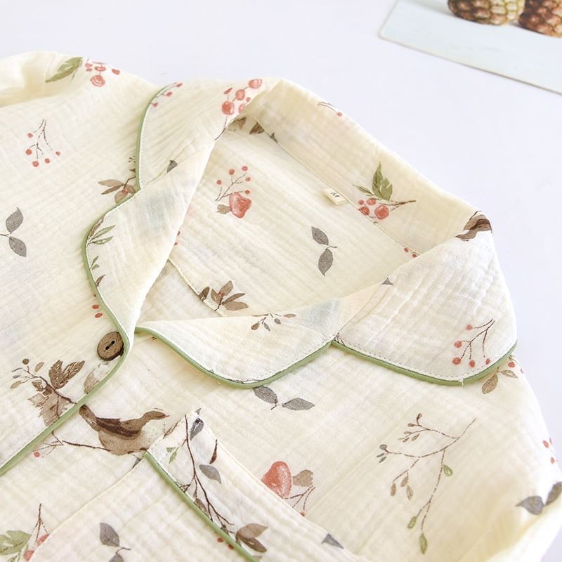 MelMount - Pyjamaset: overhemd met lange mouwen en bloemenprint + broek