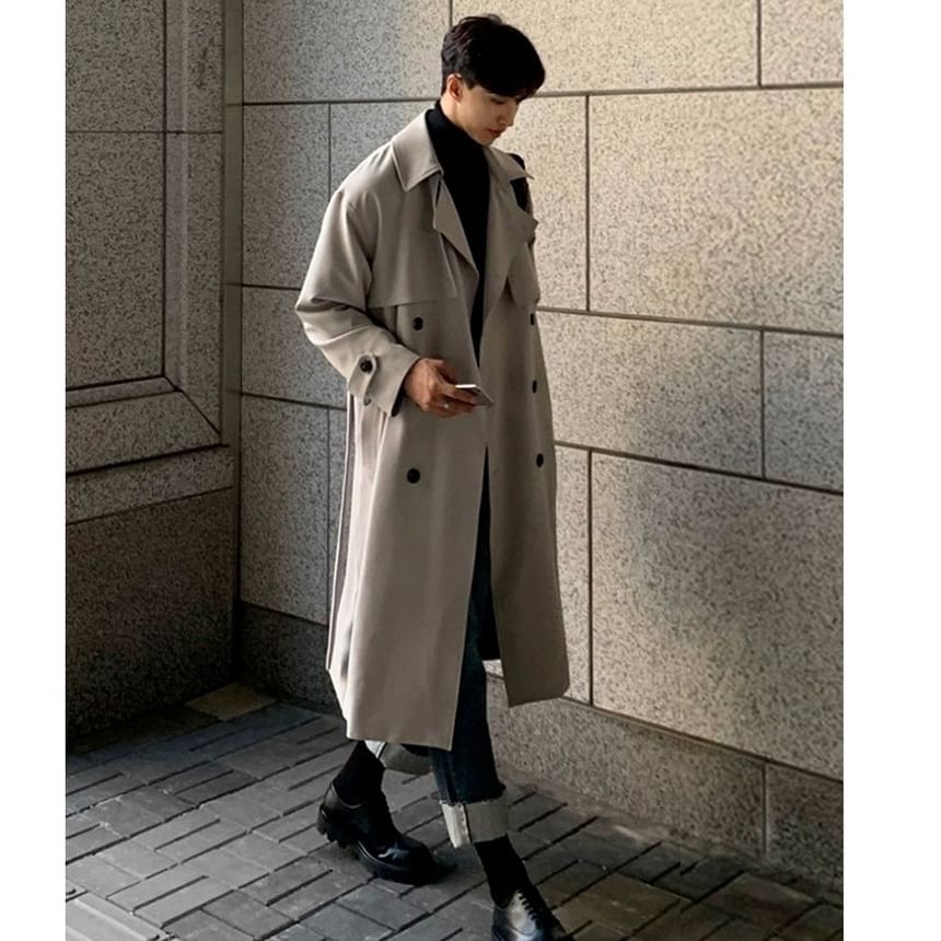 Blueforce - Effen midi-trenchcoat met dubbele rij knopen en sashed-strap