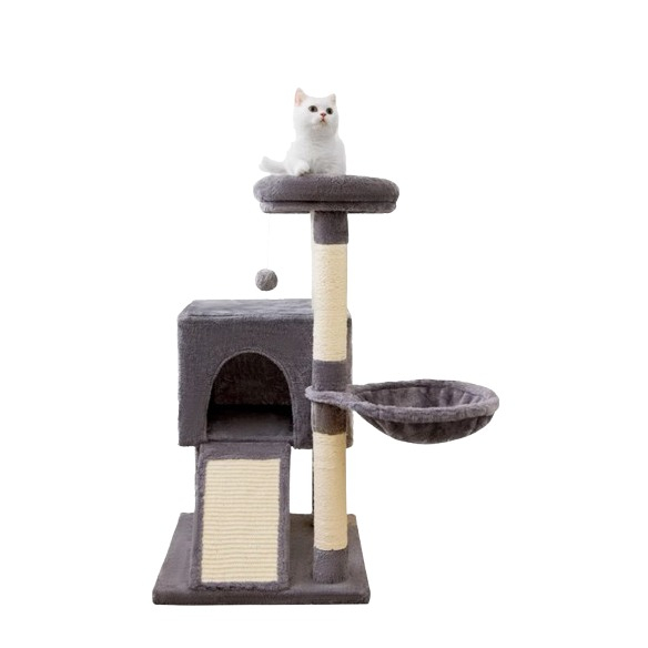 (89cm) Katzen Baum Sisal Kratzsäulen mit Häuschen / Hängematte / Aussichts Plattform / Spiel Ball - Grau