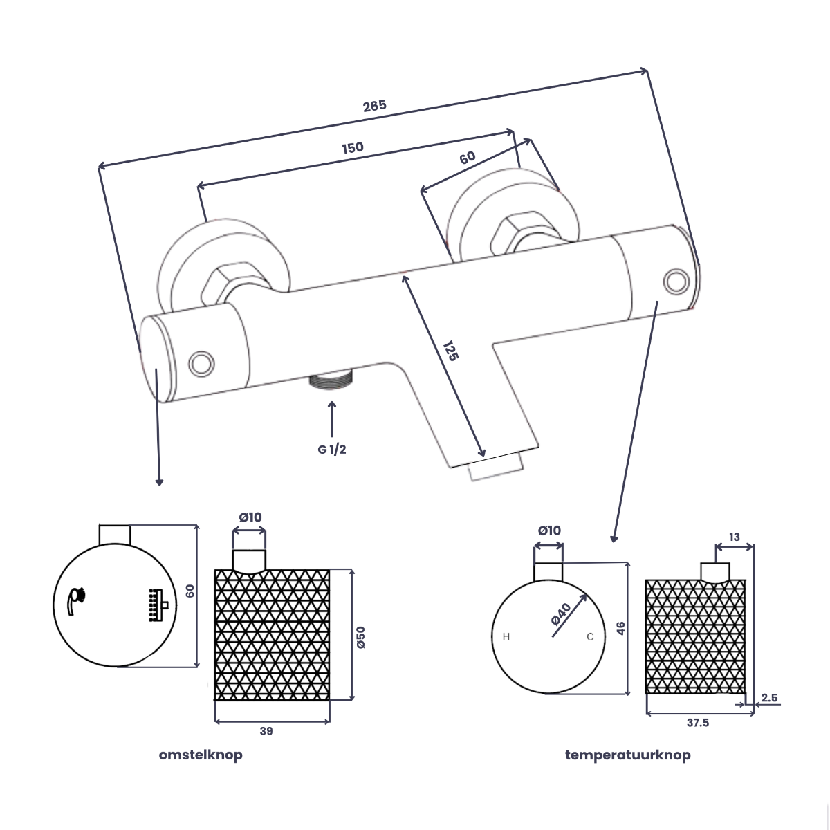 Saniclear Nero Curved thermostatische opbouw badkraan met handdouche zwart mat