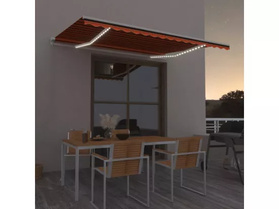 Auvent manuel rétractable avec LED 450x350 cm Orange et marron