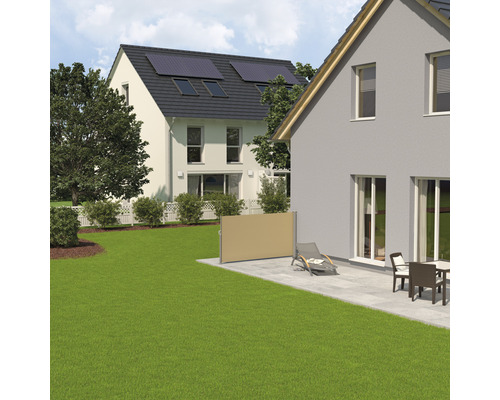 Uitschuifbare zijluifel 1,6x3, effen beige doek, RAL 9006 wit aluminium frame met afneembare paal