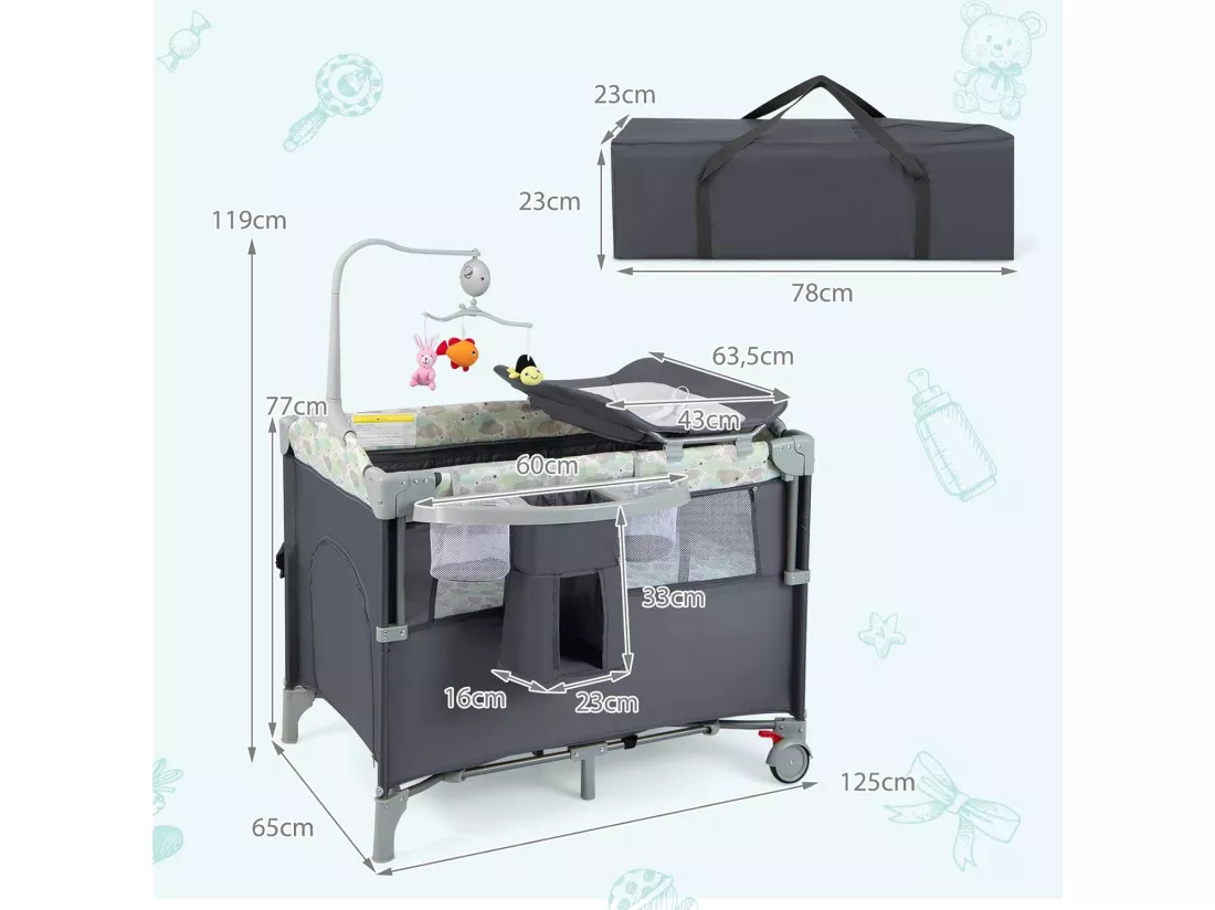 Lit Parapluie Bébé 5 en 1 avec Table à Langer Amovible, Lit Cododo Pliable avec Matelas, Musique et 3 Jouets Suspendus, 2 Roues Verrouillables, Sac de Transport pour 0-36 Mois (Gris)