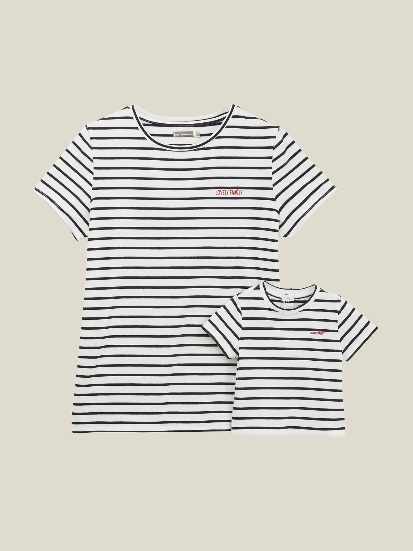 Conjunto para presente: camiseta da mãe + camiseta do bebê, tamanho médio, branca com listras.