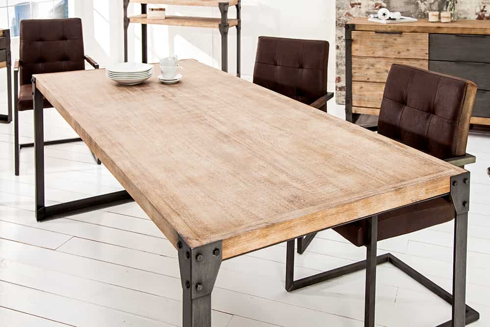 Industrial Design Esstisch FACTORY 200cm Akazie teak-grau weiß gekälkt Metallbeine Kufe