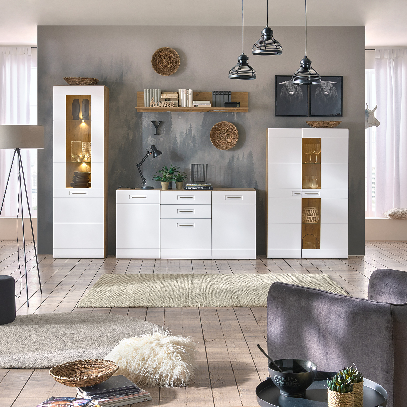 Luca Bessoni Standvitrine AURIS - weiß-Flagstaff Eiche - 60 cm
