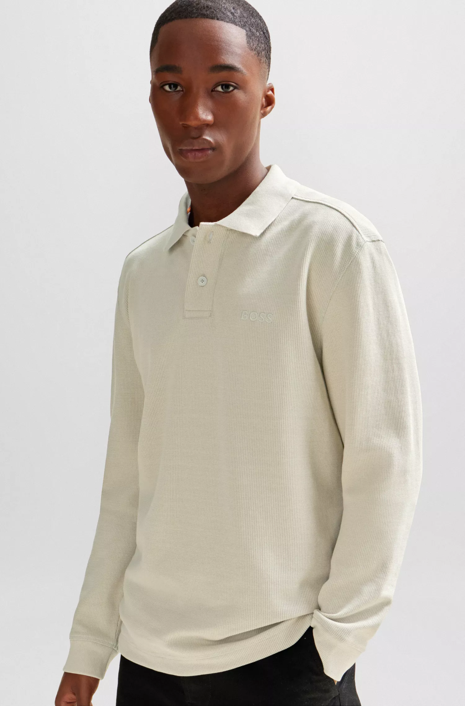 Camisa polo BOSS laranja de manga comprida com logotipo bordado.