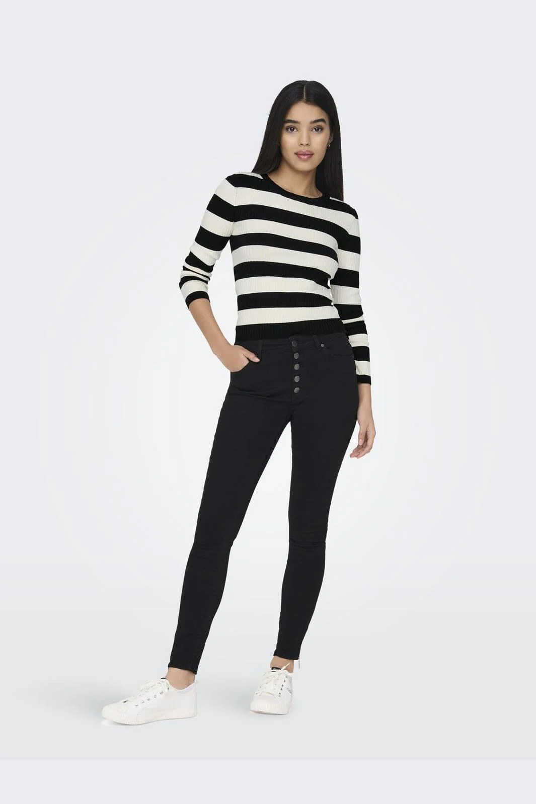 JDY JDYplum L/S O-Neck Pullover Knt 4149549 black w eggnog stripes