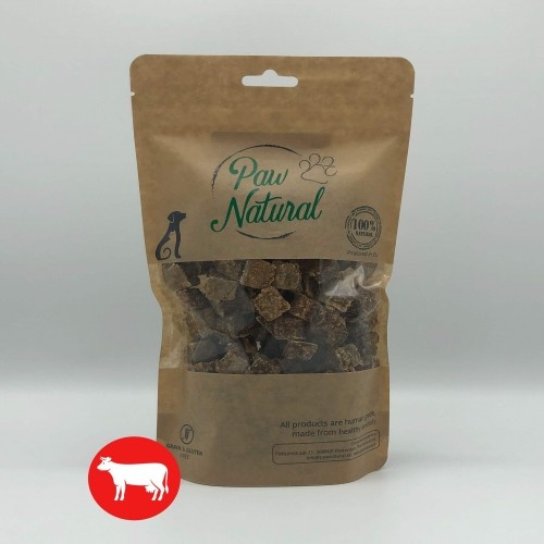 Cubos de ração Paw com sabor de carne bovina natural para cães.