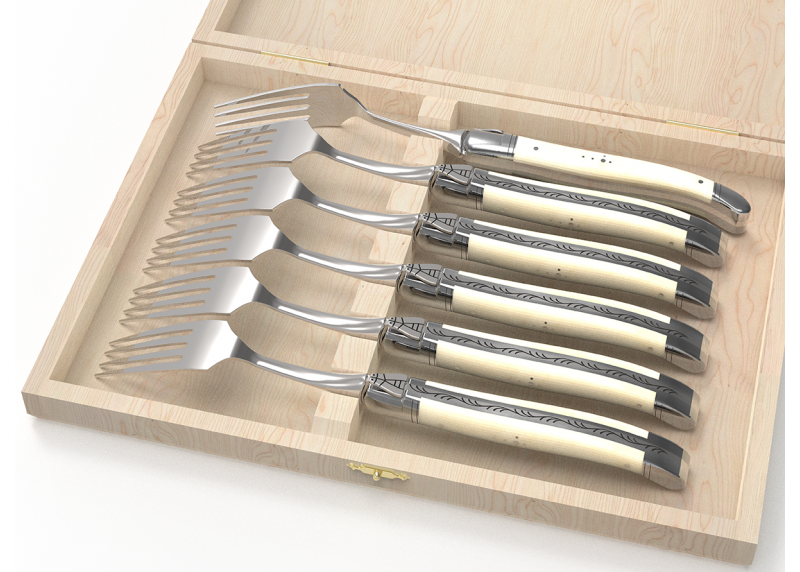 Service de 6 fourchettes Laguiole avec un manche en os de bovin et mitres en acier inoxydable