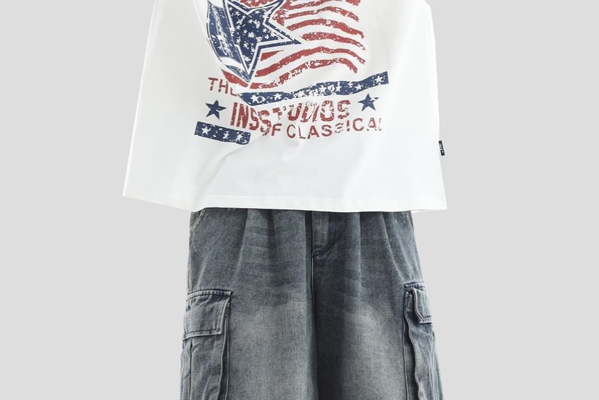 INStudio - Mid Rise Washed Ruched Capri Cargo Jeans met Wijde Pijpen