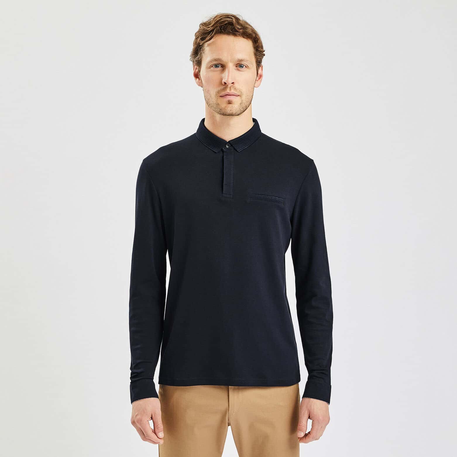 Polo manches longues interlock uni Bleu foncé