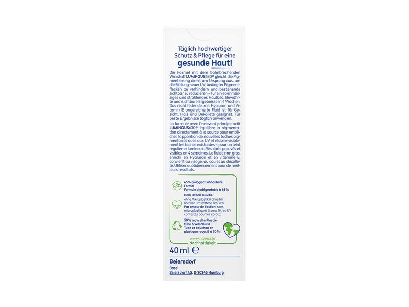 NIVEA SUN Sonnenfluid Face Luminous LSF50 40 ml Innovatives Fluid gegen Pigmentflecken