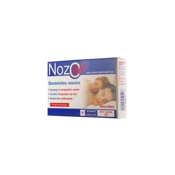 Tiras nasais Nozoair para narizes pequenos/médios, caixa com 30 unidades.