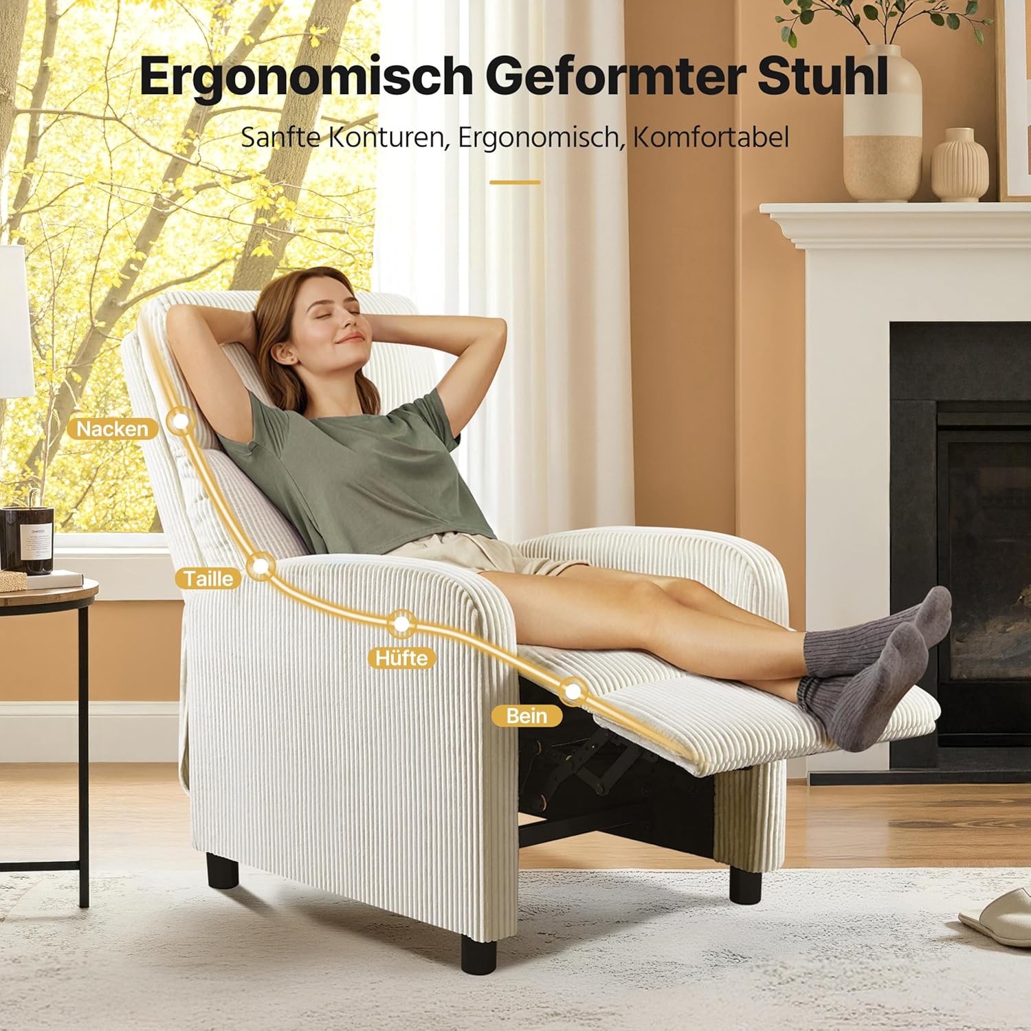 Yaheetech Relaxsessel Fernsehsessel Einzelsofa Ruhesessel mit Verstellbarer Beinablage Liegesessel aus Cordstoff Beige
