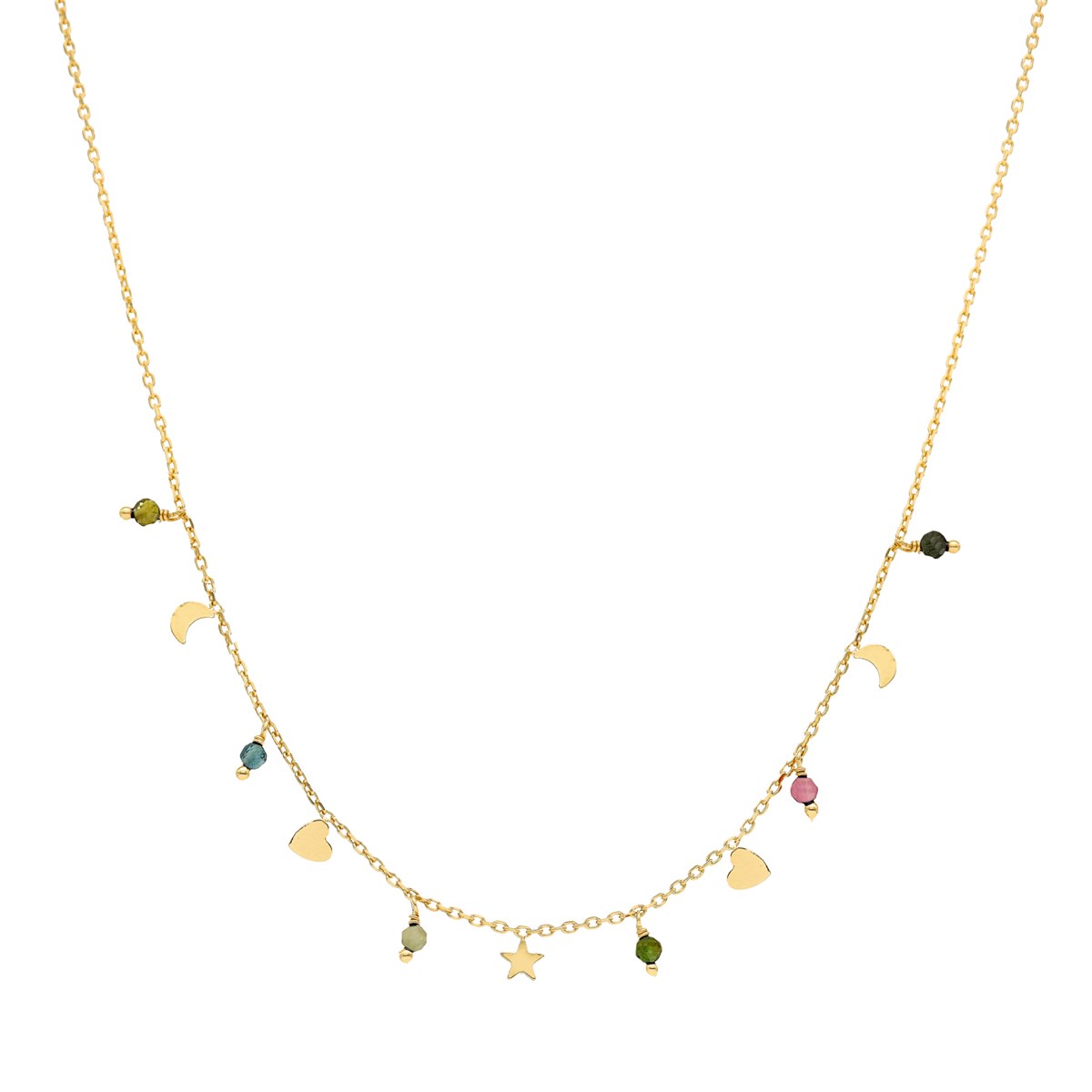 Collier Argent Doré Pampilles De Forme Lune Coeur Et Pierre Tourmaline