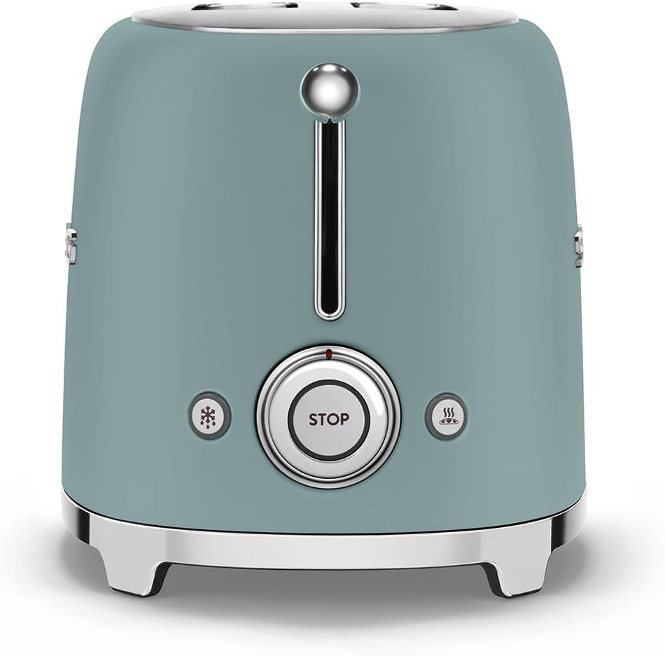 Smeg, 2x2 TSF01EGMEU -Toaster, 2 Schlitze für 2 Scheiben, 6 Vergoldungsniveaus, Heizfunktion, Abtau- und Bagel- Funktion, Sammelschublade, 950W, Grün